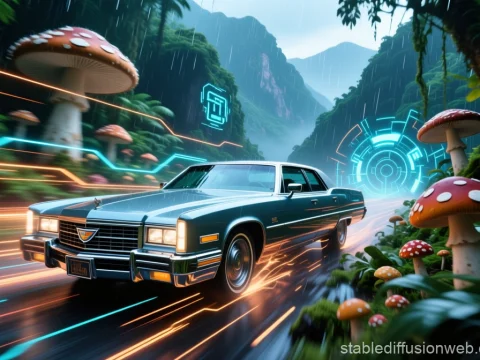 Classic Car Racing Through Futuristic Rainforest with Giant Mushrooms