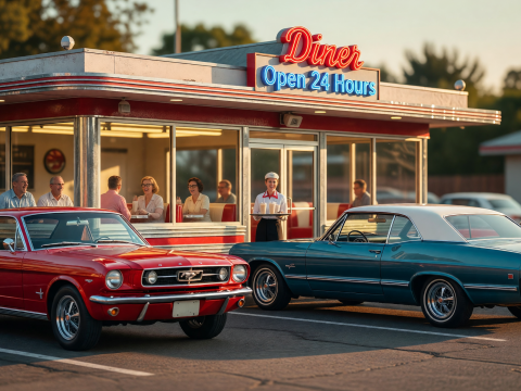 Classic Cars at Retro Diner in Golden Hour Glow