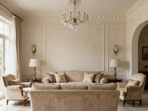 Classic Elegant Living Room with Beige Upholstery and Crystal Chandelier