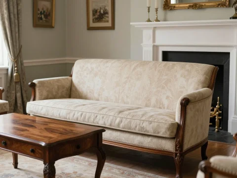 Classic English Living Room with Elegant Sofa and Fireplace
