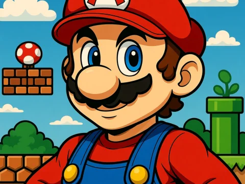 Classic Mario Character in Vibrant Game World