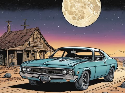 Classic Muscle Car Under a Giant Moon in Desert Night