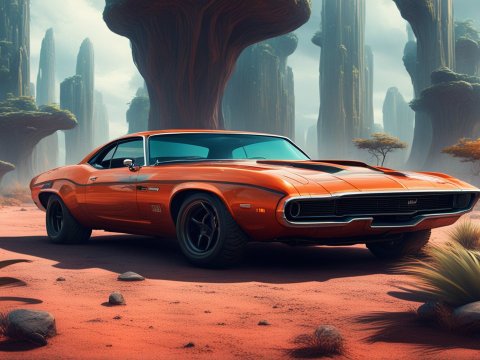 Classic Orange Muscle Car in a Surreal Alien Landscape
