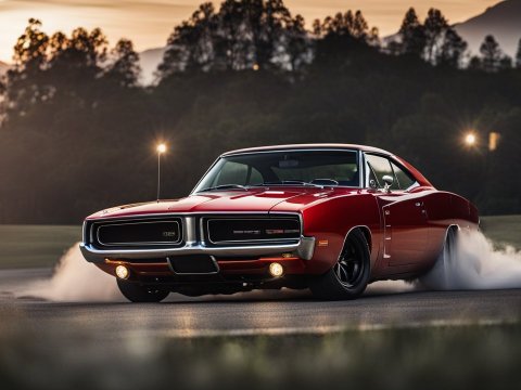 Classic Red Dodge Charger Performing Burnout at Sunset