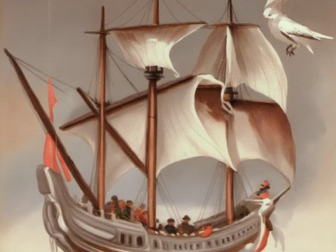 Classic Sailing Ship with Birds in Soft Light