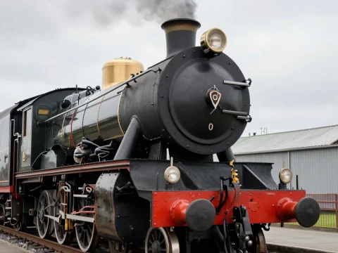 Classic Steam Locomotive Emitting Smoke at Station