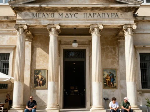 Classical Building Entrance with Corinthian Columns and People Sitting