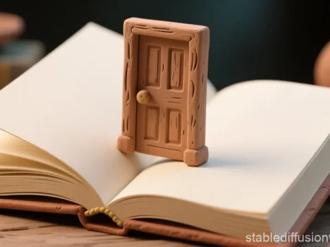 Clay Door Standing on Open Blank Book Pages