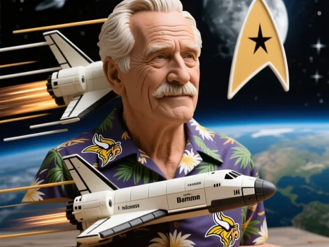 Clay Sculpture of Elderly Man with Space Shuttle and Star Trek Emblem