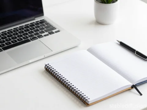 Clean Office Desk Setup with Laptop and Notebooks