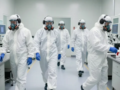 Cleanroom Workers in Full Protective Gear