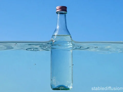 Clear Glass Bottle Half Submerged in Water with Blue Sky