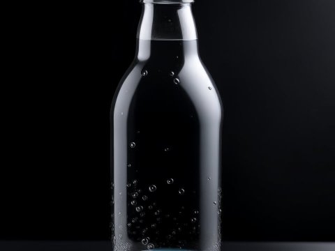Clear Glass Bottle with Water Bubbles on Black Background