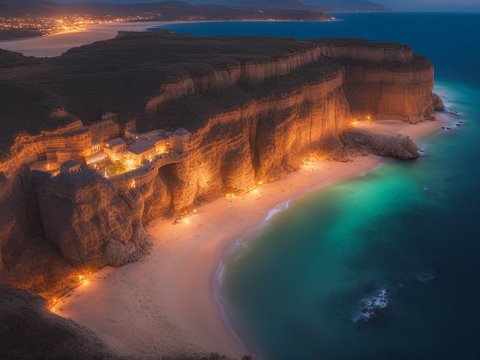 Clifftop Village Illuminated at Twilight by the Sea