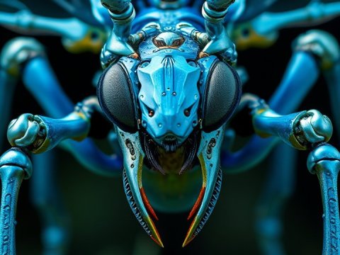 Close-Up Front View of a Metallic Blue Robotic Insect