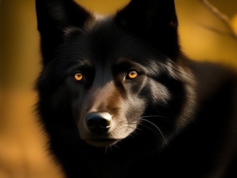 Close-up of a Black Wolf with Golden Eyes in Autumn Light