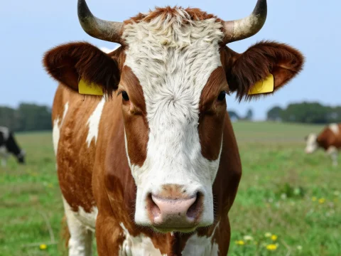 Close-up of a Brown and White Cow in a Pasture