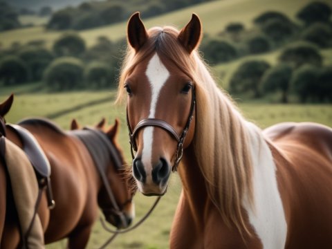 Close-up of a Brown and White Horse in a Pastoral Landscape