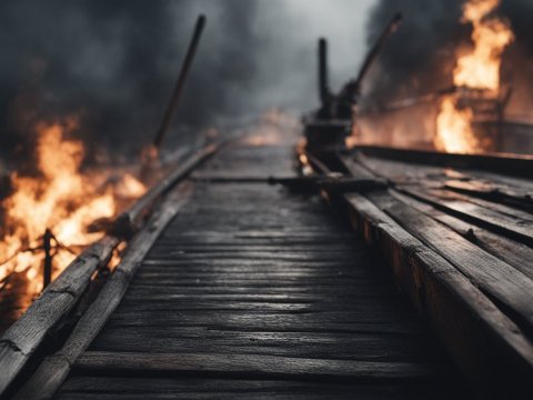 Close-up of a Burning Wooden Boat on Fire