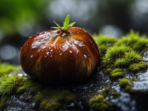 Close-up of a Chestnut on Mossy Rock with Water Droplets