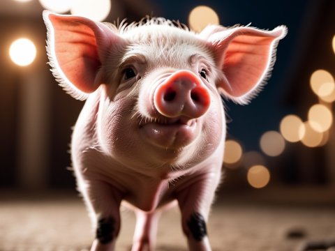 Close-up of a Cute Piglet with Bokeh Lights