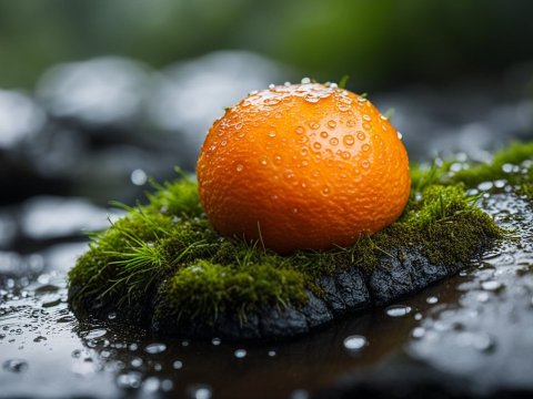 Close-up of a Dew-covered Orange on Mossy Rock