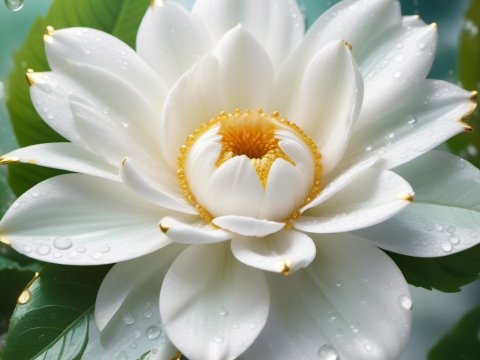Close-up of a Dew-Kissed White Lotus Flower with Golden Accents