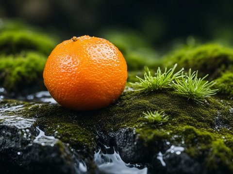 Close-up of a Fresh Orange on Mossy Rock