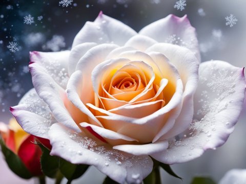 Close-up of a Frosted White and Peach Rose with Snowflakes