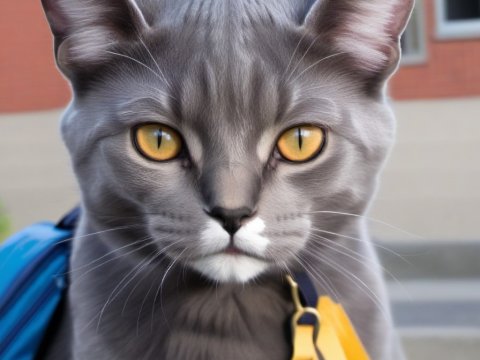 Close-up of a Gray Cat with Golden Eyes Wearing a Backpack