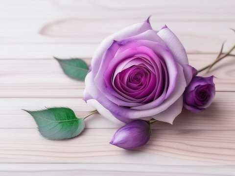 Close-up of a Purple Rose on Light Wooden Surface