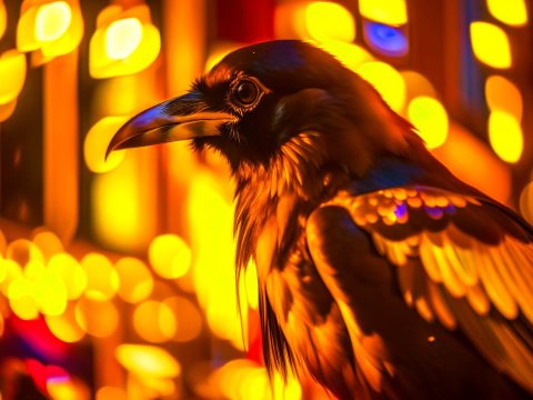 Close-up of a Raven with Warm Bokeh Lights