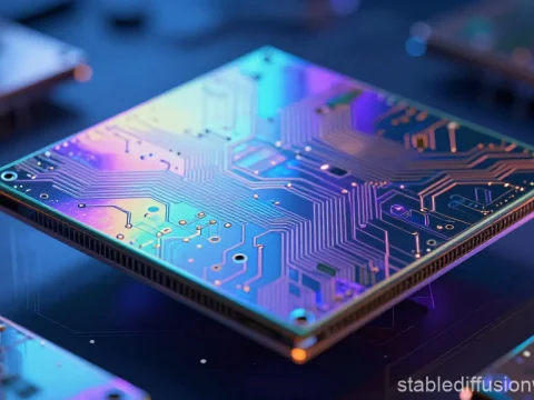 Close-up of a Silicon Wafer with Holographic Circuit Patterns