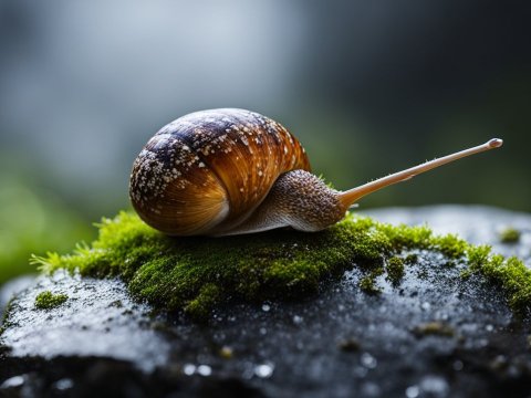 Close-up of a Snail on Mossy Rock