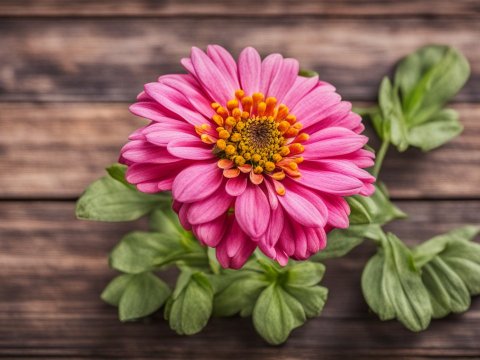 Close-up of a Vibrant Pink Zinnia Flower on Wooden Surface