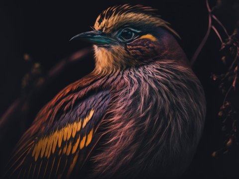 Close-up of a Vibrantly Colored Bird in Dark Setting