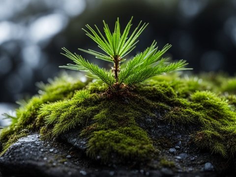 Close-up of a Young Pine Seedling on Mossy Rock