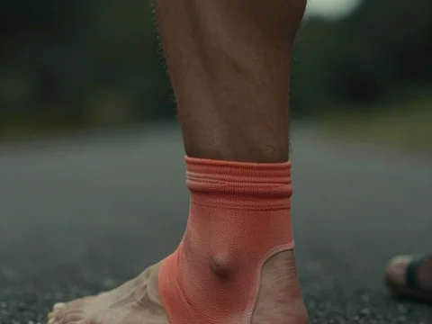 Close-up of Ankle with Support Sleeve on Asphalt