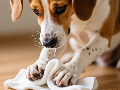 Close-up of Beagle Dog Cleaning Up Water with Towel