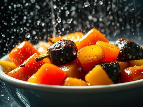 Close-up of Cooked Colorful Peppers with Water Droplets