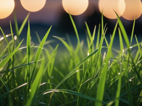 Close-up of Dewy Grass with Soft Bokeh Lights at Dusk