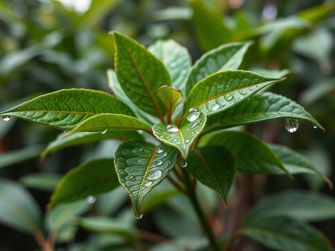Close-up of Fresh Green Plant Leaves with Water Droplets