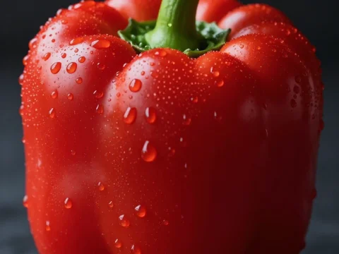 Close-up of Fresh Red Bell Pepper with Water Droplets