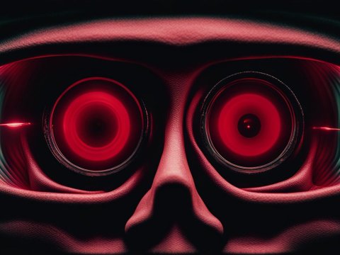 Close-up of Futuristic Red Lens Eyes