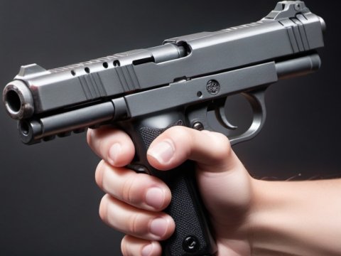 Close-up of Hand Holding a Modern Semi-Automatic Pistol