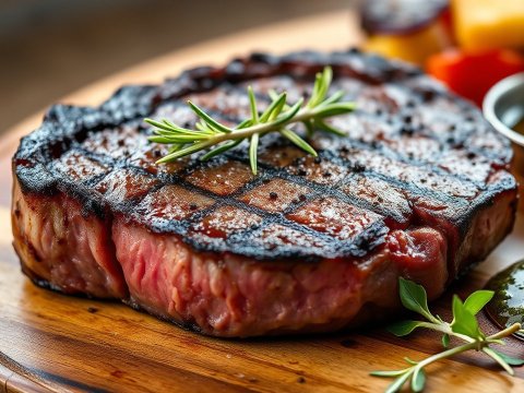 Close-up of Juicy Grilled Steak with Herbs and Sauce