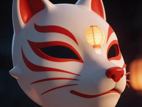 Close-up of Kitsune Fox Mask with Lantern Reflection