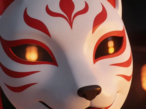Close-up of Kitsune Fox Mask with Red Markings