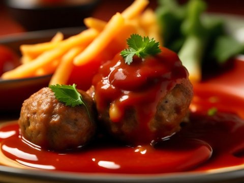 Close-up of Meatballs with Tomato Sauce and Fries