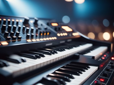 Close-up of Modern Synthesizer Keyboard with Controls
